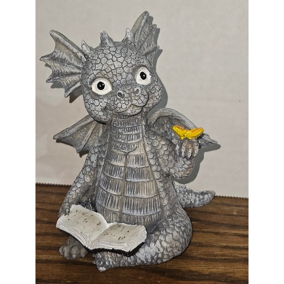 Dragon Statue Reading Book with Butterfly Whimsical‎ Garden Decor - Picture 1 of 6